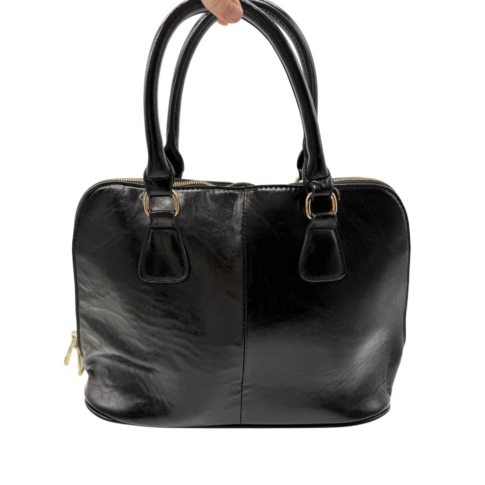 Harve Benard VTG Black Faux Leather Dome Satchel Handbag Gold Hardware High Shin
